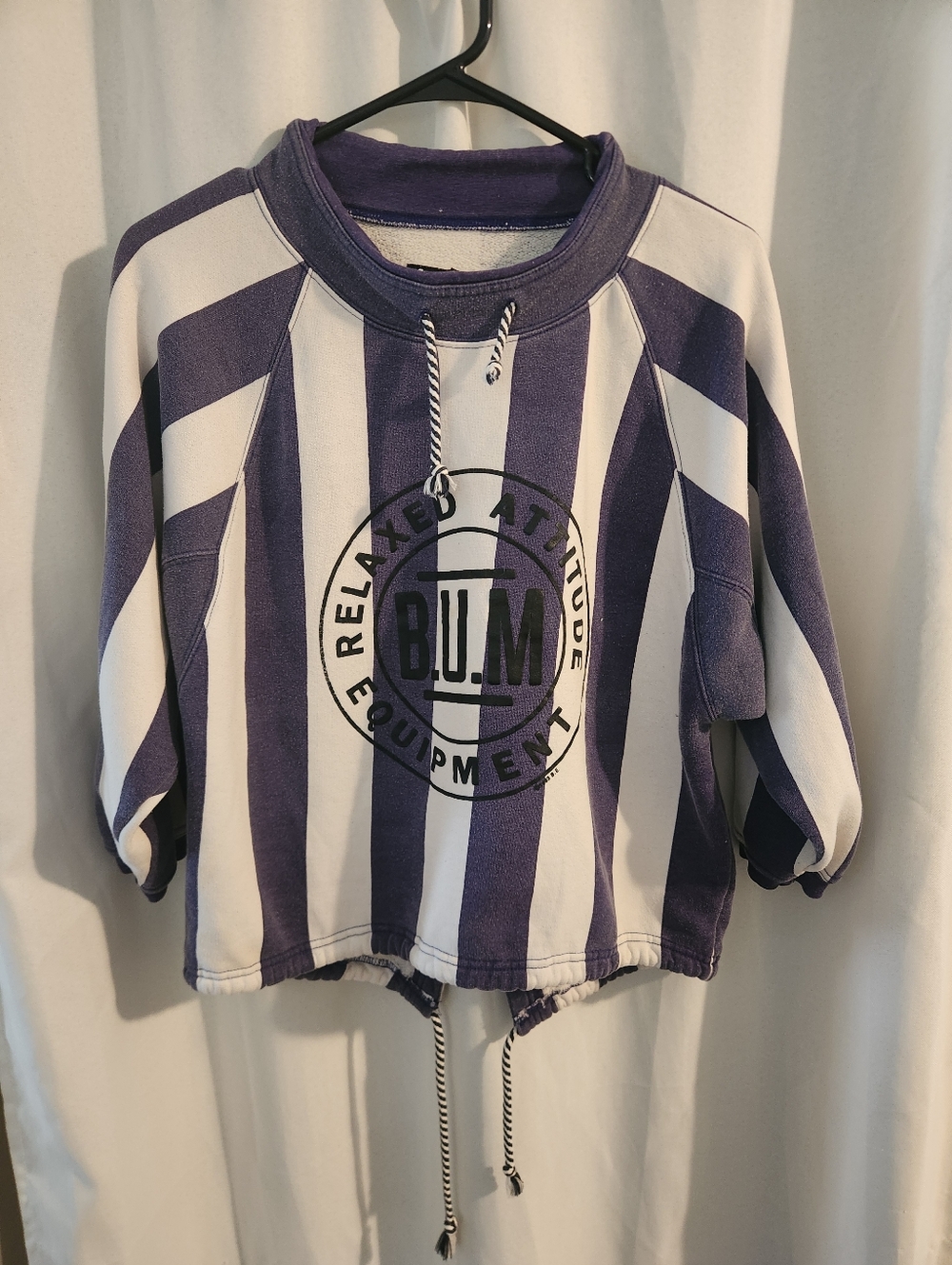 Vintage 90s BUM Equipment Purple & White Striped Drawstring Pullover Sweatshirt